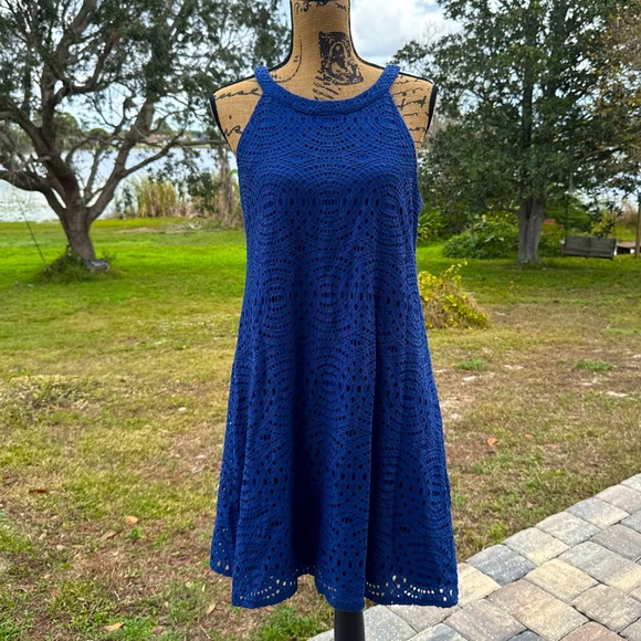Eliza J Dresses & Skirts - Eliza J Crochet Halter Sleeveless Cocktail Dress Royal Blue Size 8